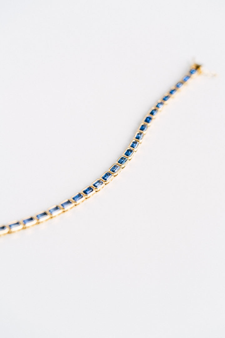 8.90ctw. Emerald Cut Blue Sri Lankan Sapphire East-West Bezel Tennis Bracelet, 14k Yellow Gold