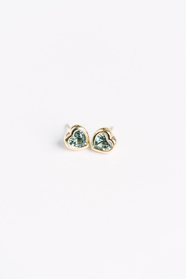 Heart Shape Blue-Green Sapphire Bezel Studs
