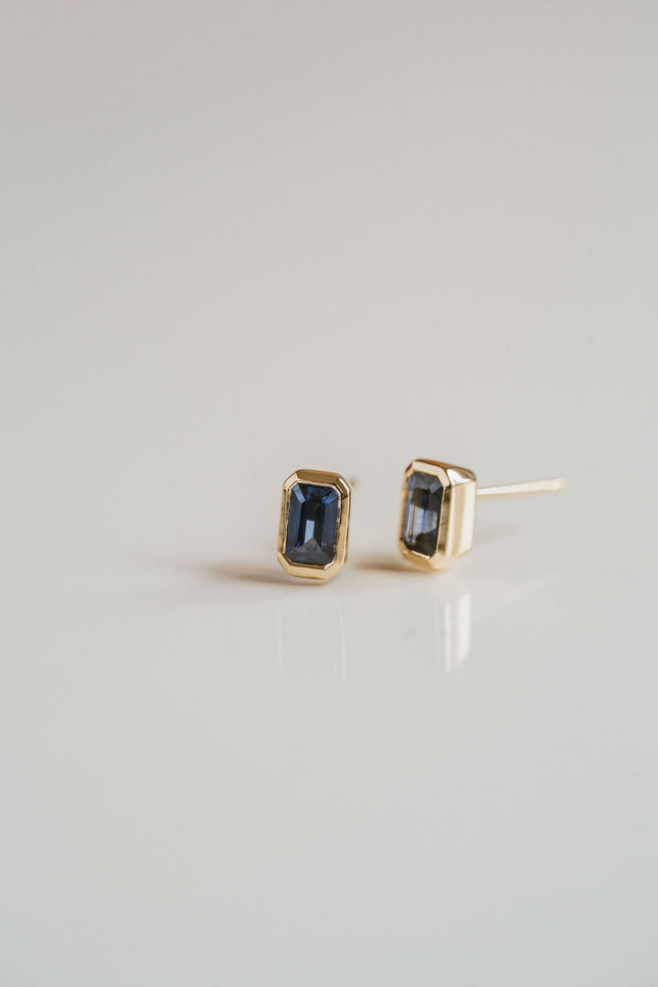 Emerald Cut Blue Sapphire Bezel Studs
