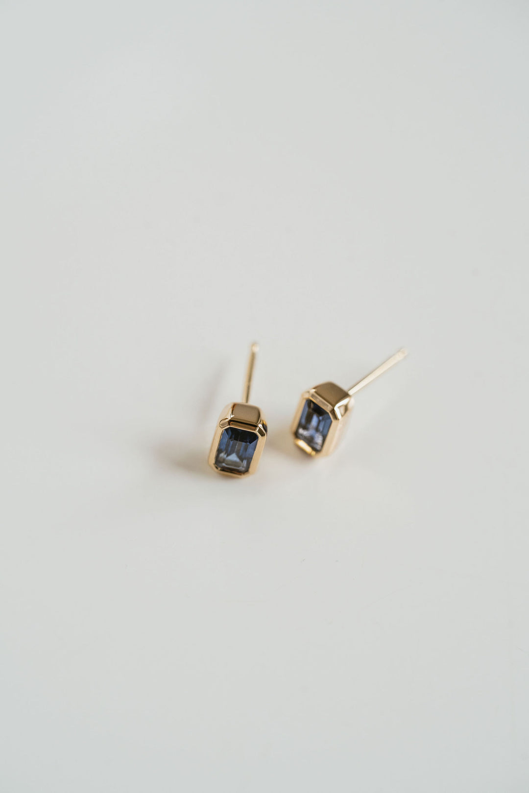 Emerald Cut Blue Sapphire Bezel Studs