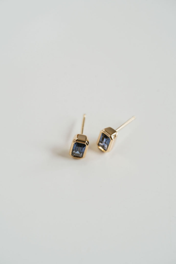 Emerald Cut Blue Sapphire Bezel Studs