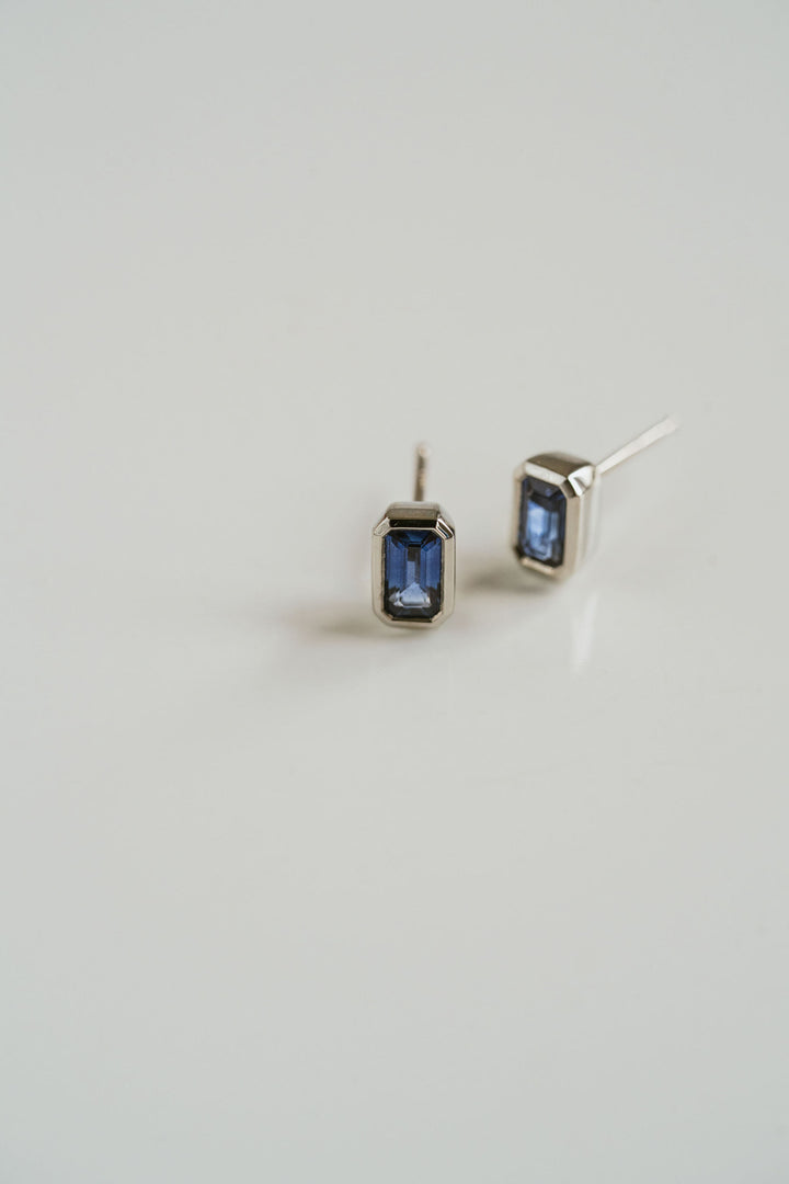 Emerald Cut Blue Sapphire Bezel Studs