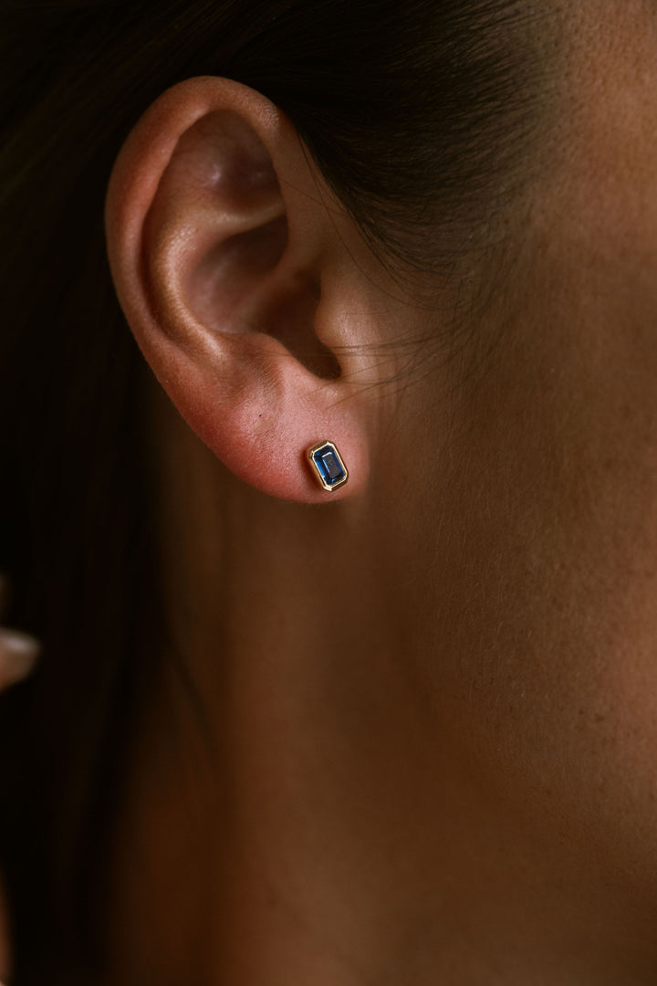 Emerald Cut Blue Sapphire Bezel Studs