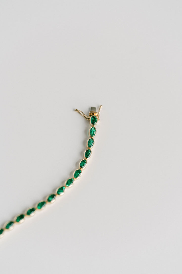 Oval Colombian Emerald Bezel Tennis Bracelet, 14k Yellow Gold