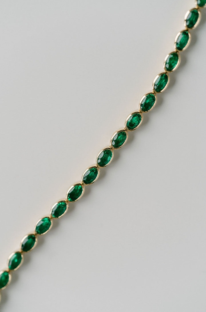 Oval Colombian Emerald Bezel Tennis Bracelet, 14k Yellow Gold