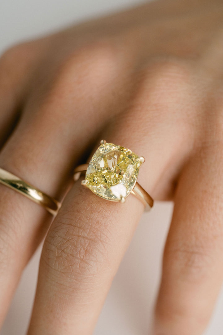 Cushion Cut Intense Yellow Diamond Solitaire, 14k Yellow Gold