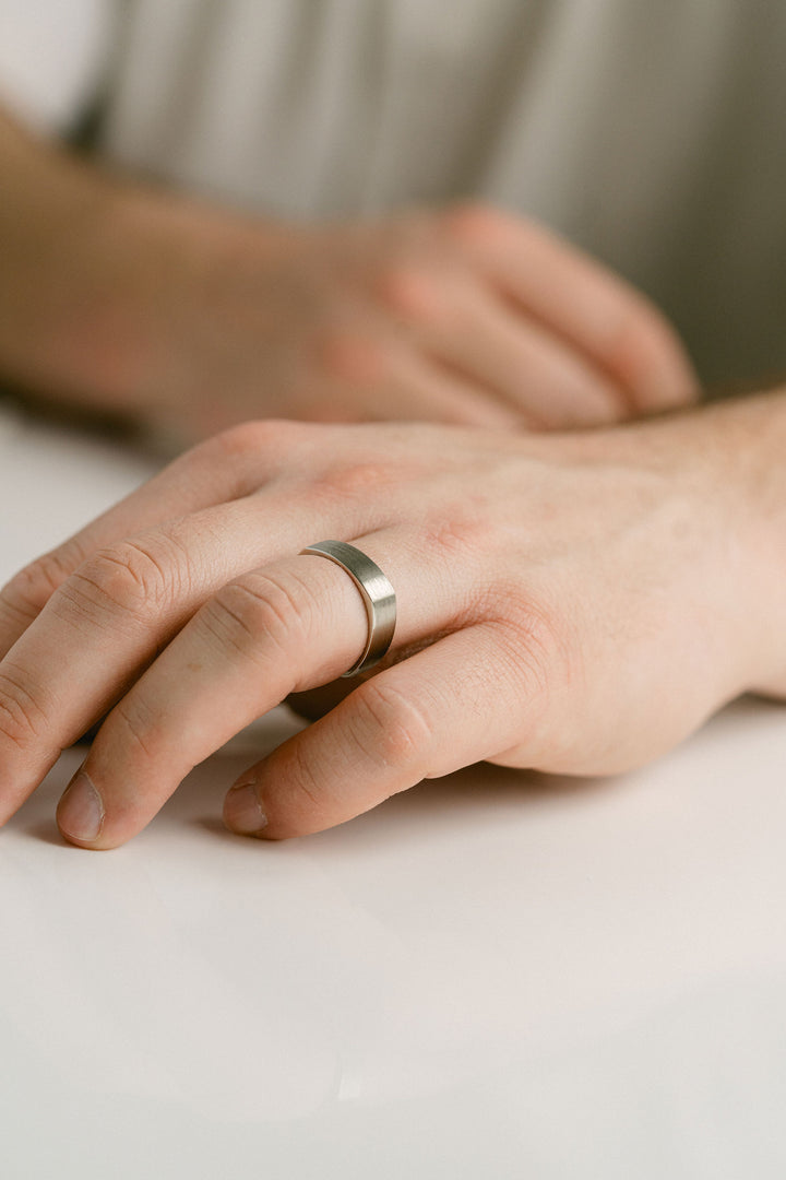 Brushed Soft Square Mens Band, 14k White Gold