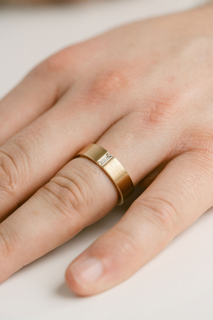 Flat Brushed Mens Band With Baguette Diamond 14k Yellow Gold - Cavalier Spring Bridal 2024