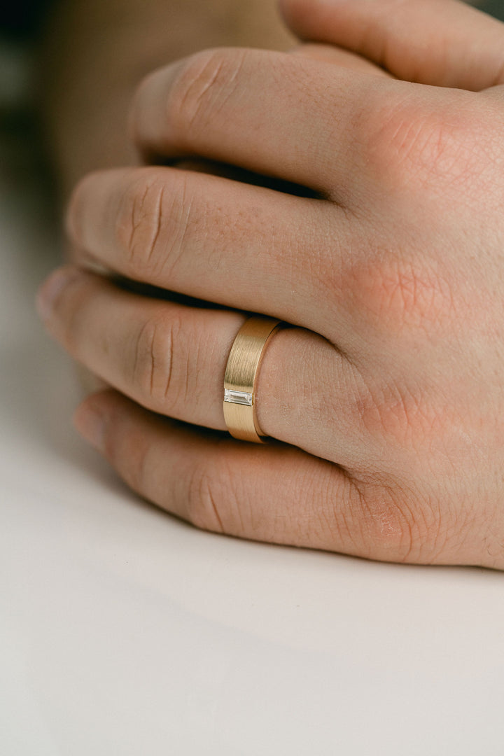 Flat Brushed Mens Band With Baguette Diamond 14k Yellow Gold - Cavalier Spring Bridal 2024