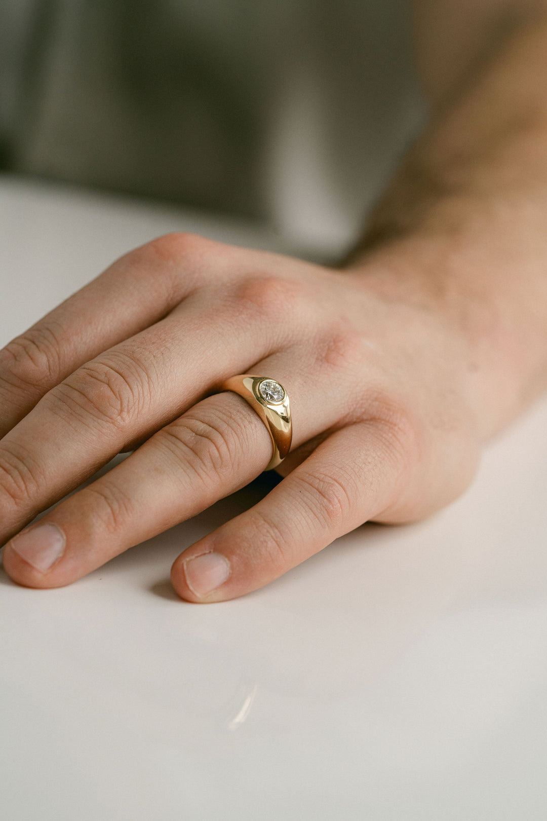 Polished Mens Signet Ring With Round Diamond, 14k Yellow Gold