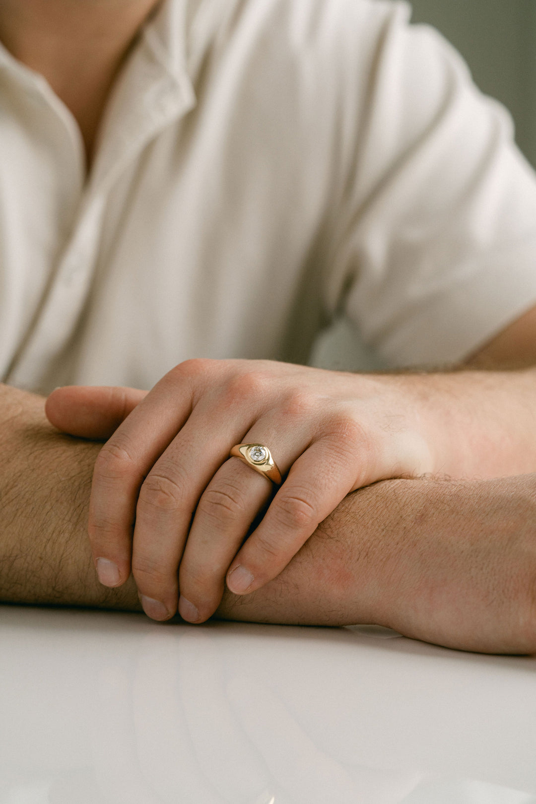 Polished Mens Signet Ring With Round Diamond, 14k Yellow Gold