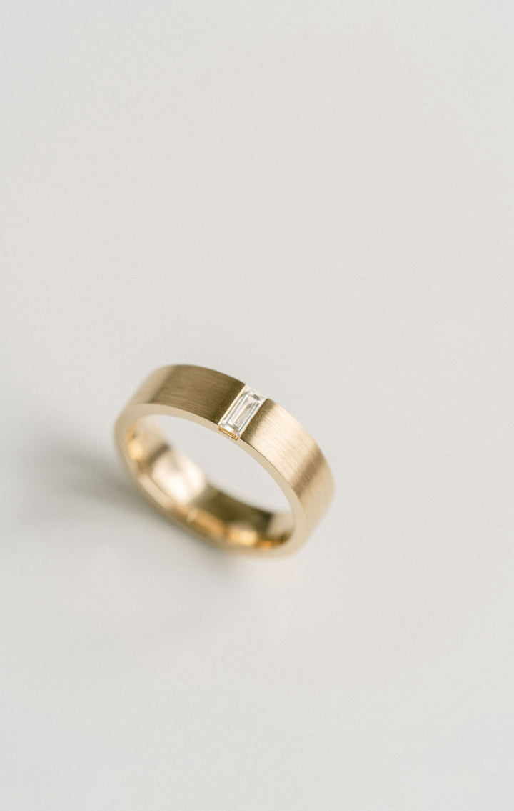 Flat Brushed Mens Band With Baguette Diamond 14k Yellow Gold - Cavalier Spring Bridal 2024