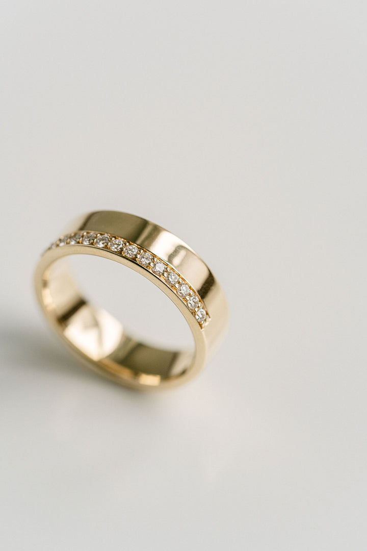Flat Polished Cigar Band With Offset Pavé Diamonds