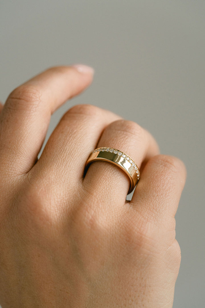 Flat Polished Cigar Band With Offset Pavé Diamonds