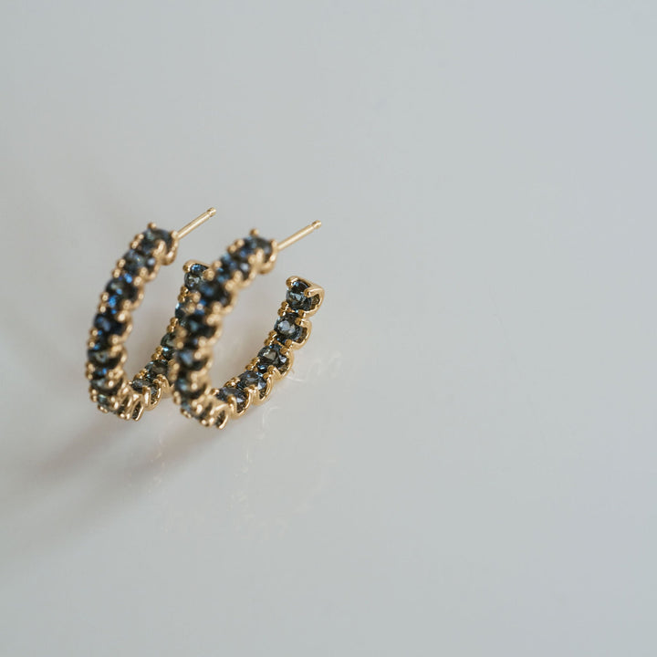 Round Blue-Green Sapphire Dahlia Hoops