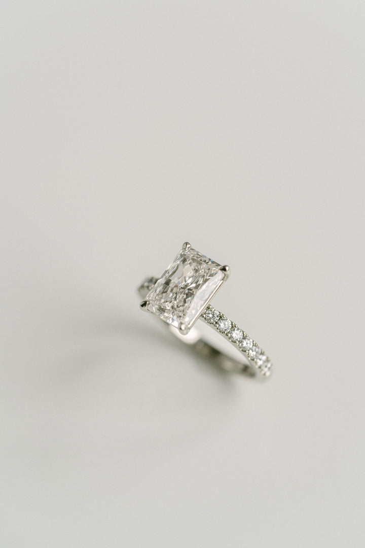 Radiant Cut Diamond Engagement Ring With Diamond Pavé Band, 14k White Gold