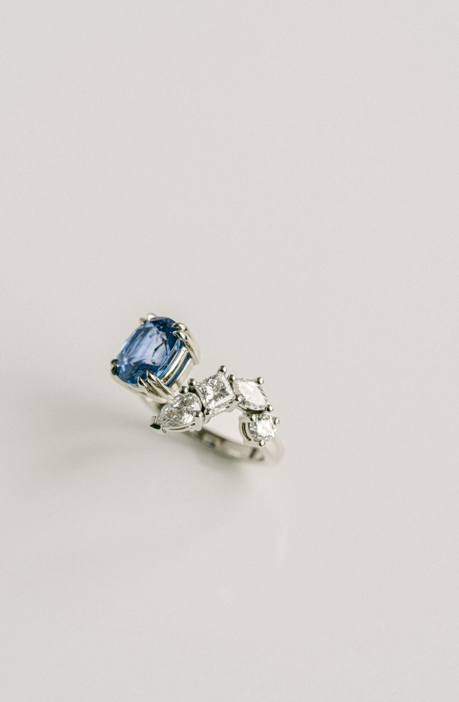 Cushion Cut Blue Sri Lankan Sapphire Gap Ring With Diamonds, 14k White Gold