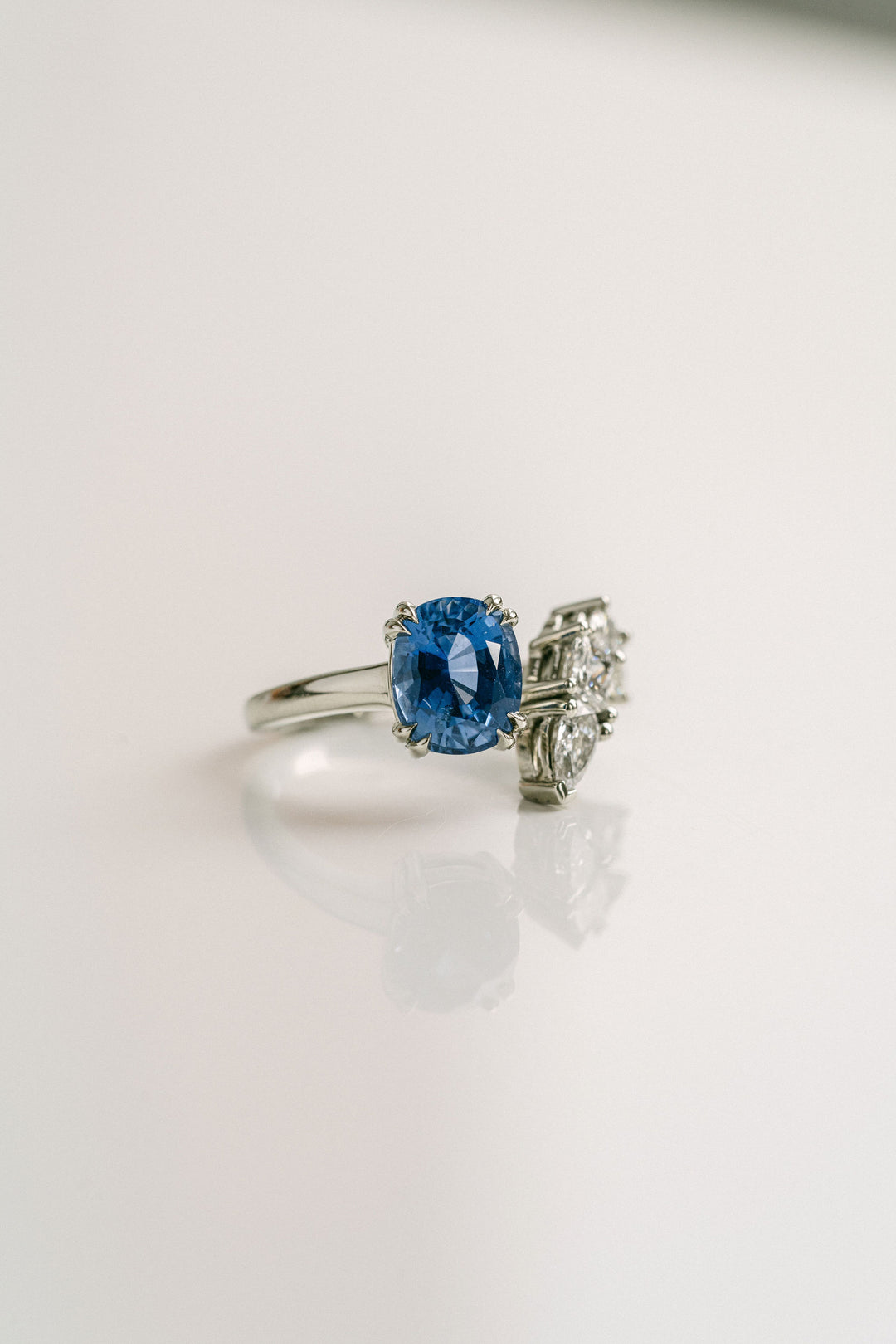 Cushion Cut Blue Sri Lankan Sapphire Gap Ring With Diamonds, 14k White Gold