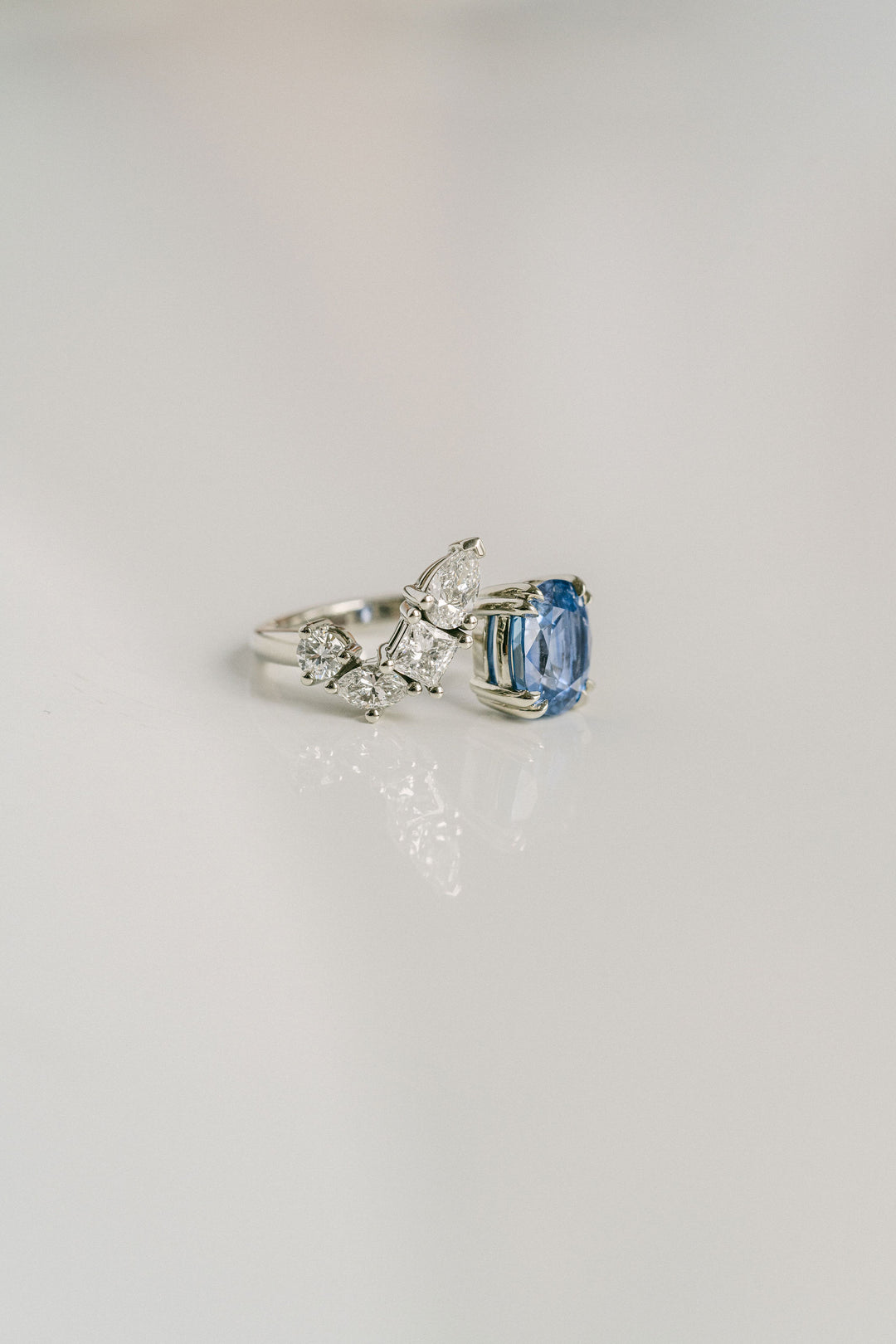 Cushion Cut Blue Sri Lankan Sapphire Gap Ring With Diamonds, 14k White Gold