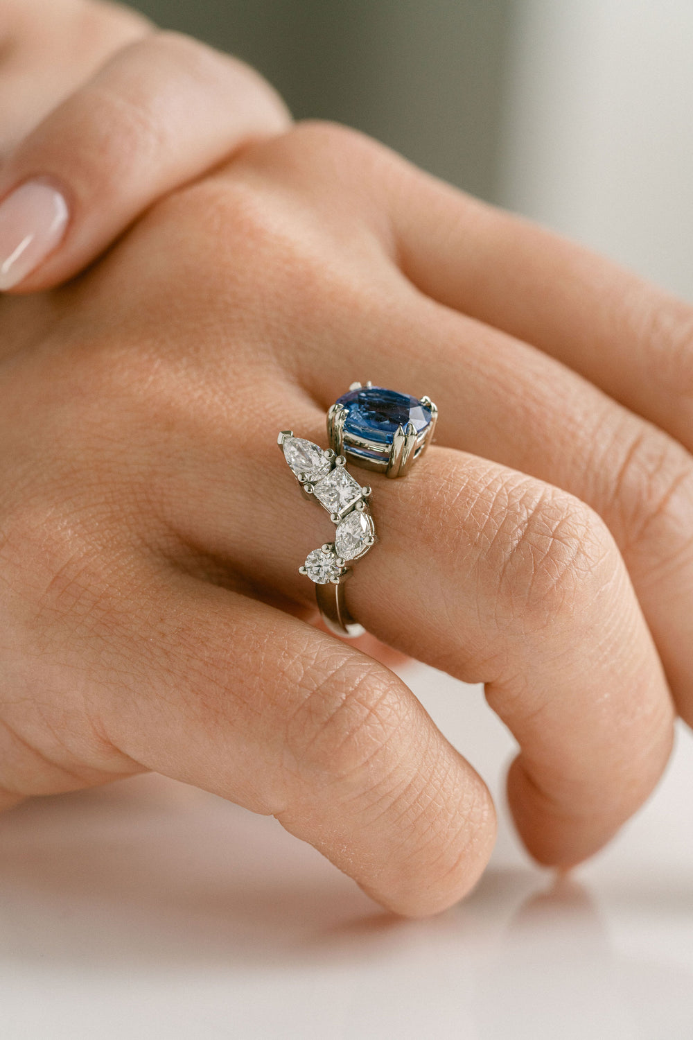 Cushion Cut Blue Sri Lankan Sapphire Gap Ring With Diamonds, 14k White Gold