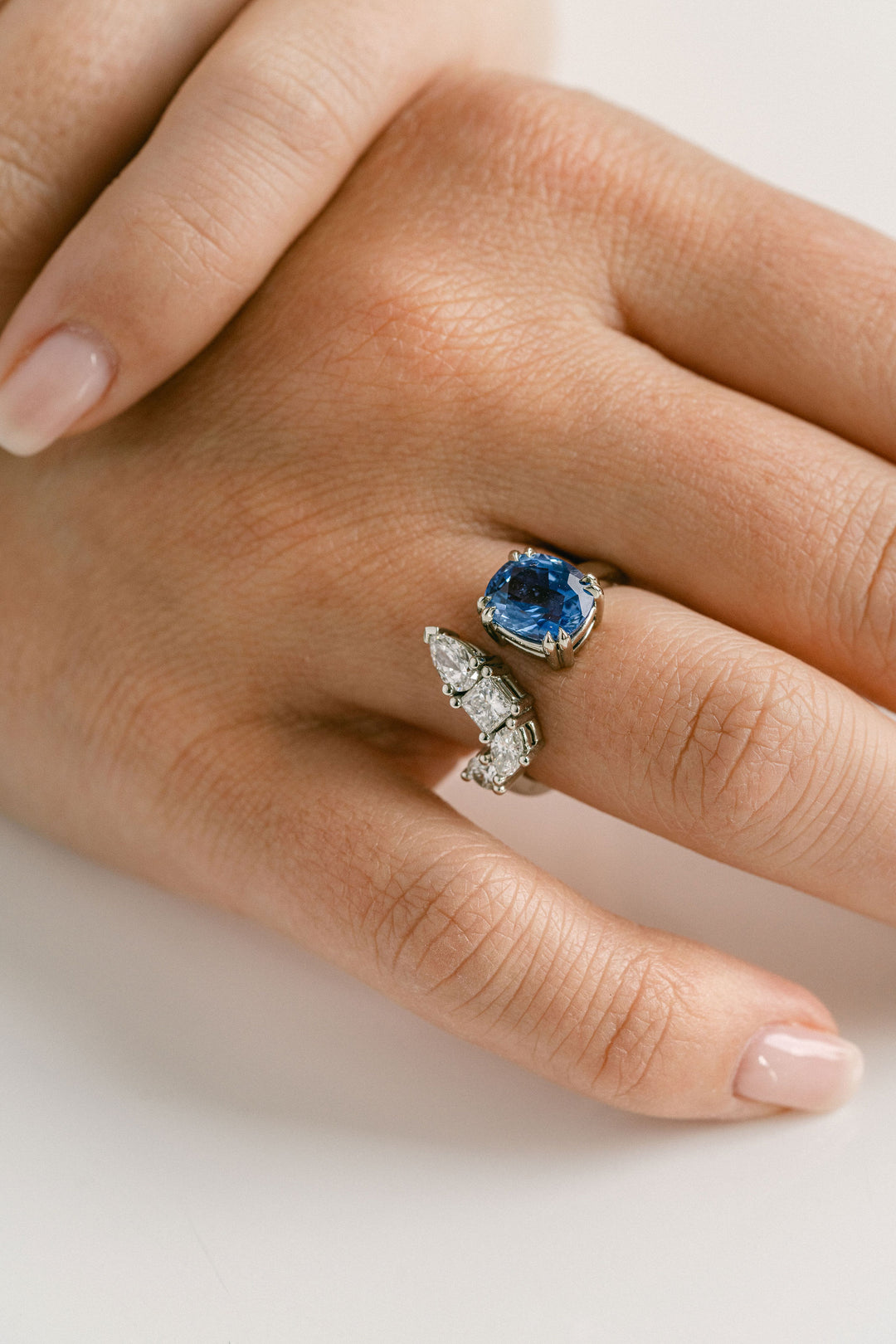 Cushion Cut Blue Sri Lankan Sapphire Gap Ring With Diamonds, 14k White Gold