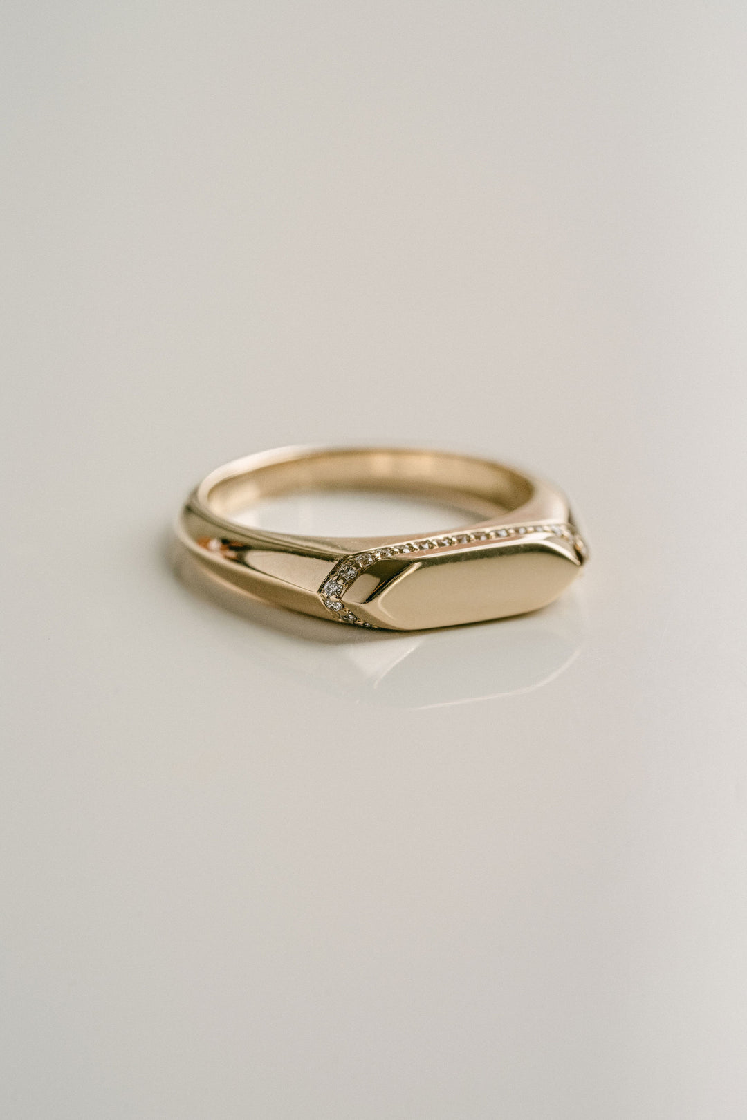 Polished Slim Signet With Diamond Halo, 14k Yellow Gold