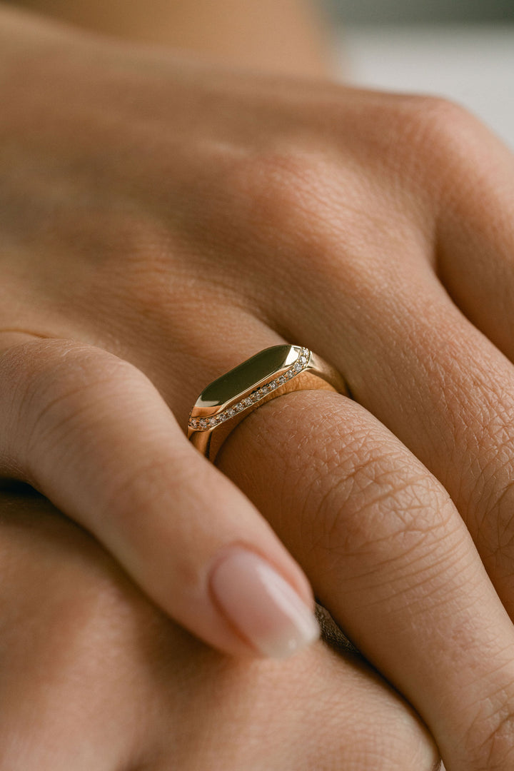 Polished Slim Signet With Diamond Halo, 14k Yellow Gold