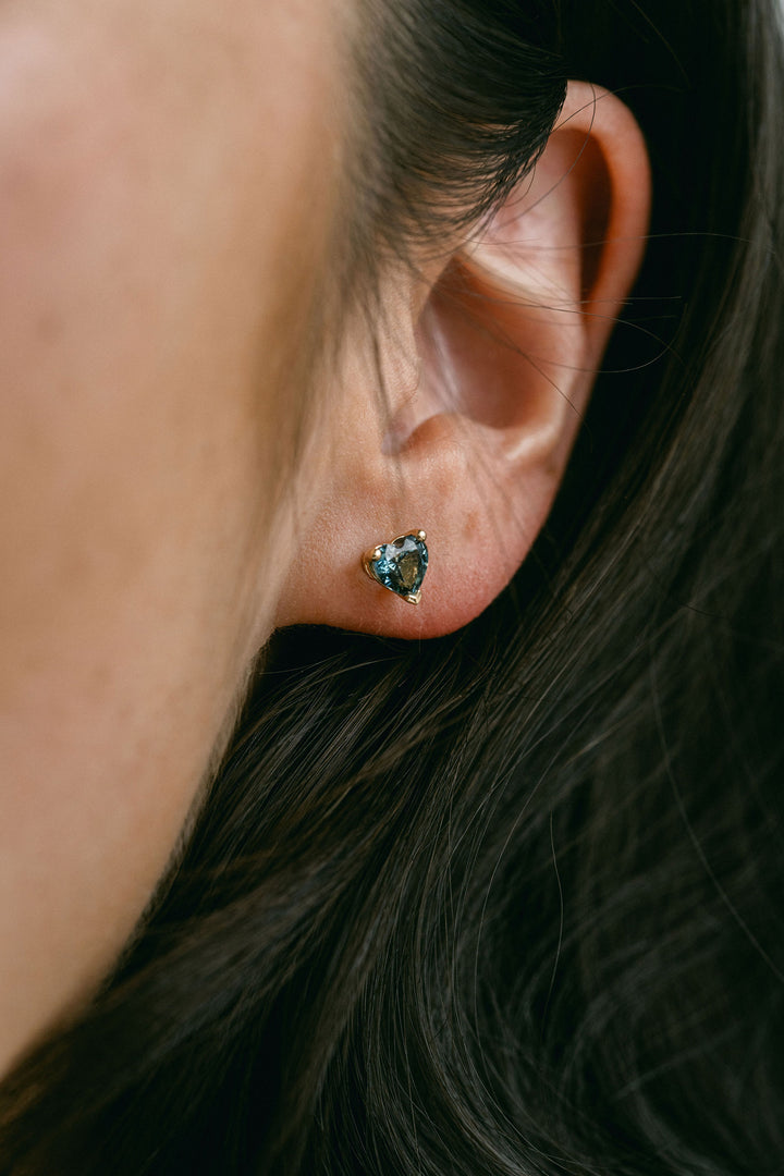 Heart Shape Blue-Green Sri Lankan Sapphire Studs, 14k Yellow Gold