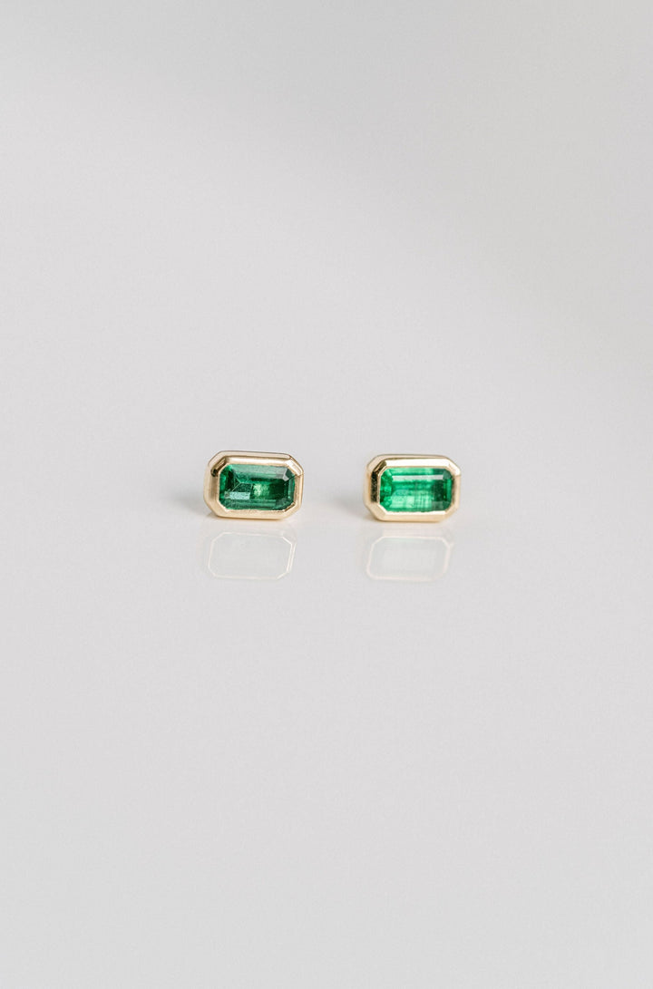 Emerald Cut Colombian Emerald Bezel Studs, 14k Yellow Gold