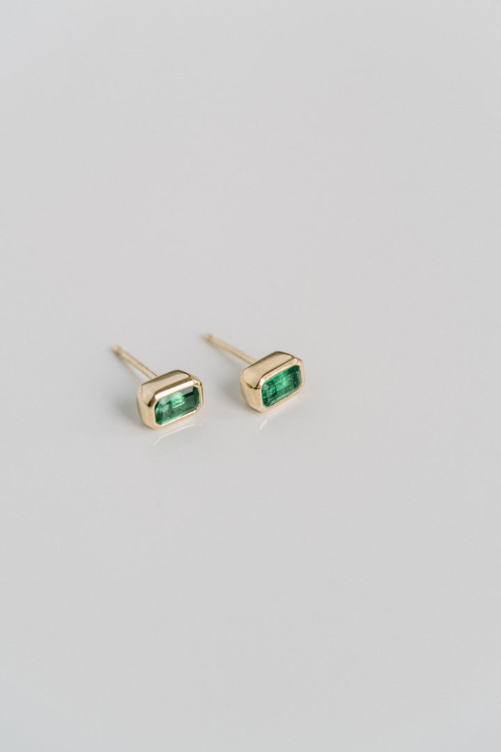 Emerald Cut Colombian Emerald Bezel Studs, 14k Yellow Gold