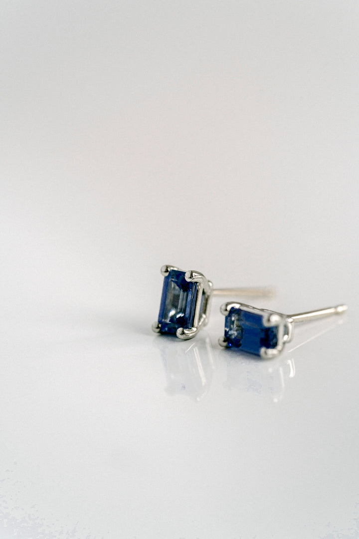 Emerald Cut Blue Sapphire Studs