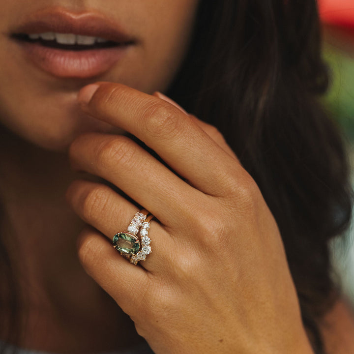 Oval Green Sapphire Low-Set Dahlia Ring
