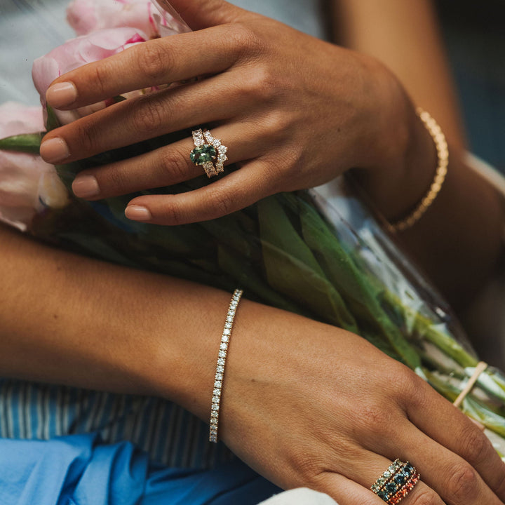 Oval Green Sapphire Low-Set Dahlia Ring