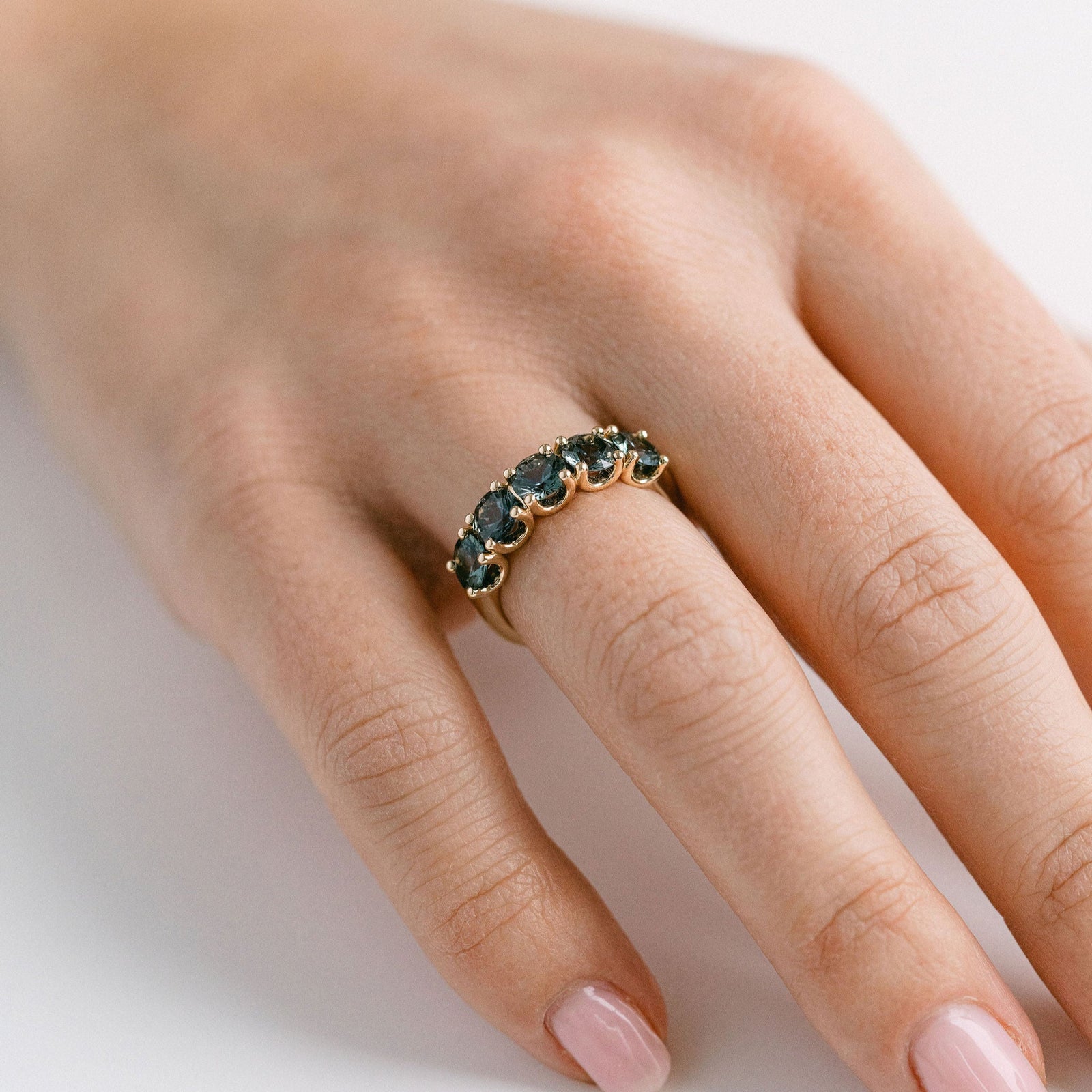 Round Blue-Green Sri Lankan Sapphire Gemstone Band, 14k Yellow Gold - 5mm