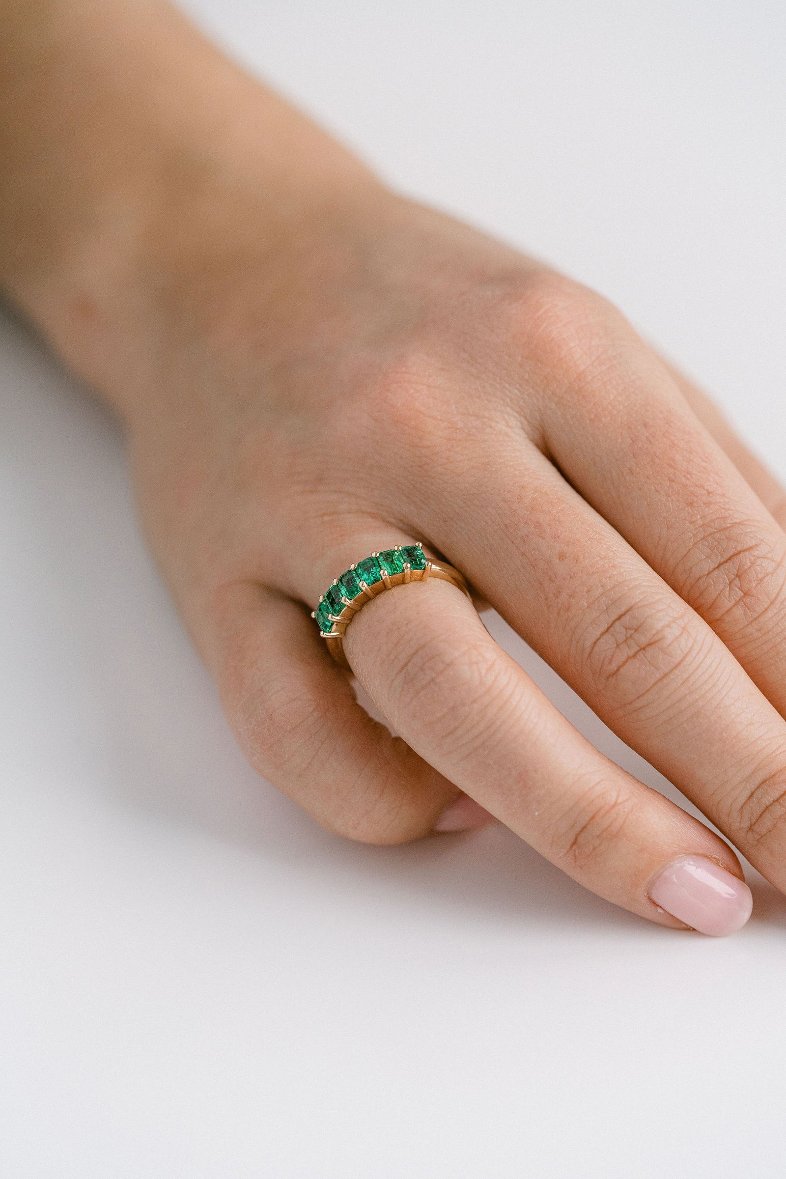 1.60ctw. Emerald Cut Colombian Emerald Gemstone Band, 14k Yellow Gold