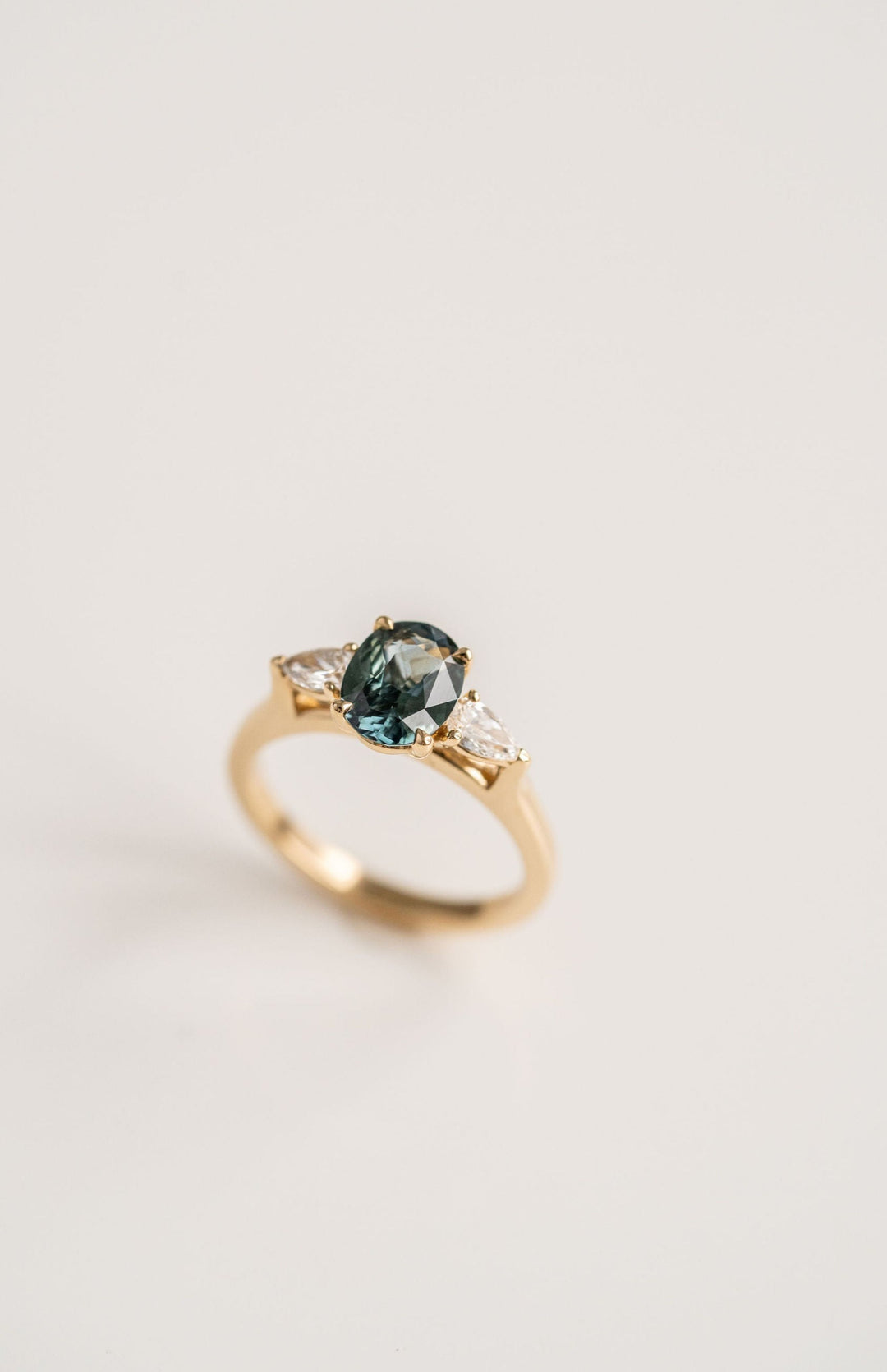 1.59ct. Oval Blue-Green Sri Lankan Sapphire Engagement Ring With Pear Shape Diamond Accents, 14k Yellow Gold