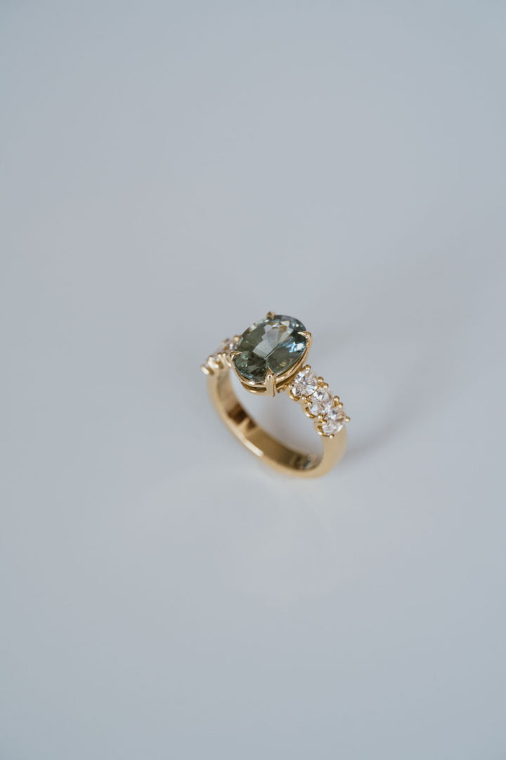 Oval Green Sapphire Low-Set Dahlia Ring