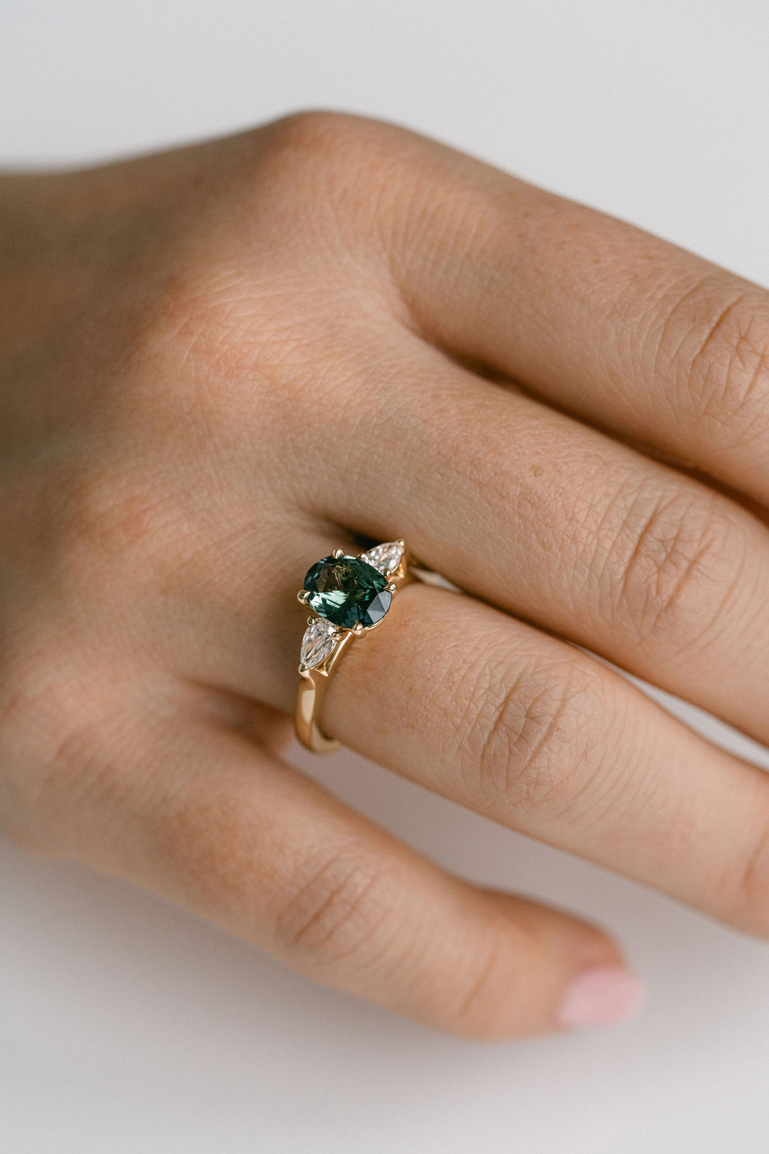 1.59ct. Oval Blue-Green Sri Lankan Sapphire Engagement Ring With Pear Shape Diamond Accents, 14k Yellow Gold