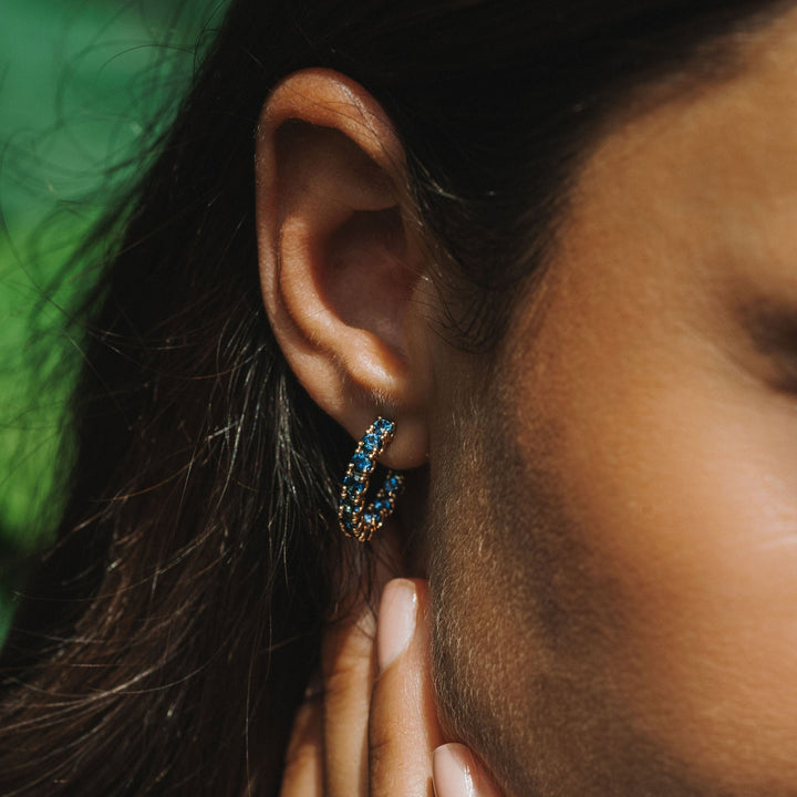 Round Blue-Green Sapphire Dahlia Hoops