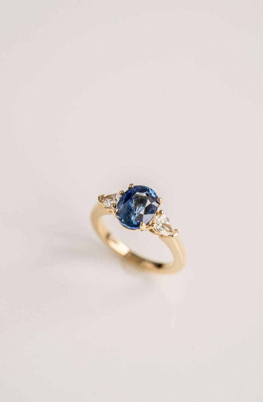 3.24ct. Oval Blue Sri Lankan Sapphire Engagement Ring With Pear Shape Diamond Accents, 14k Yellow Gold