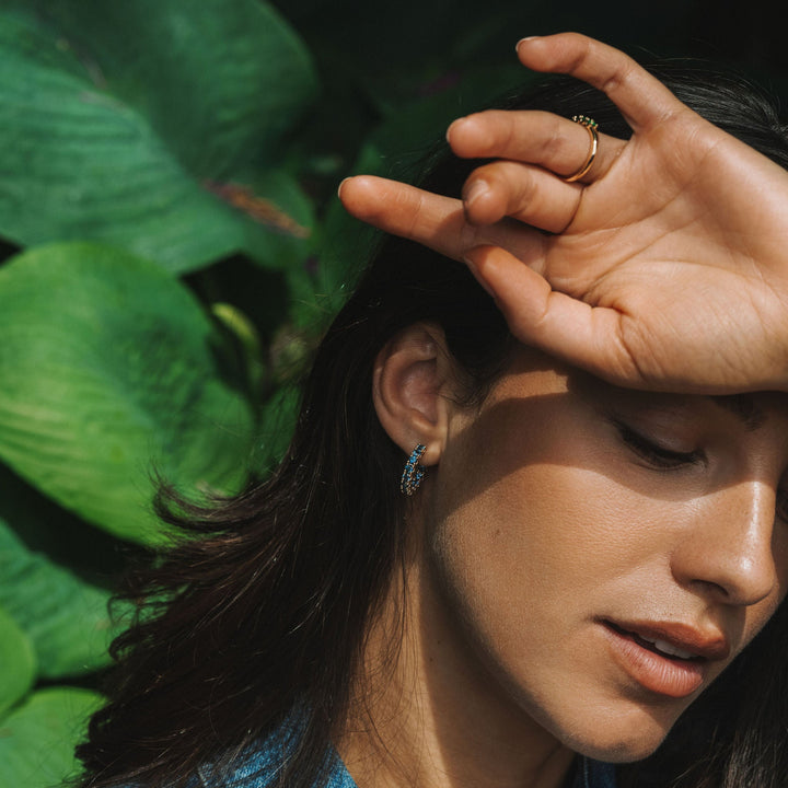 Round Blue-Green Sapphire Dahlia Hoops