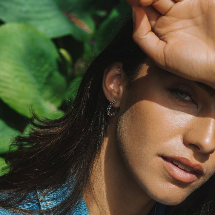 Round Blue-Green Sapphire Dahlia Hoops