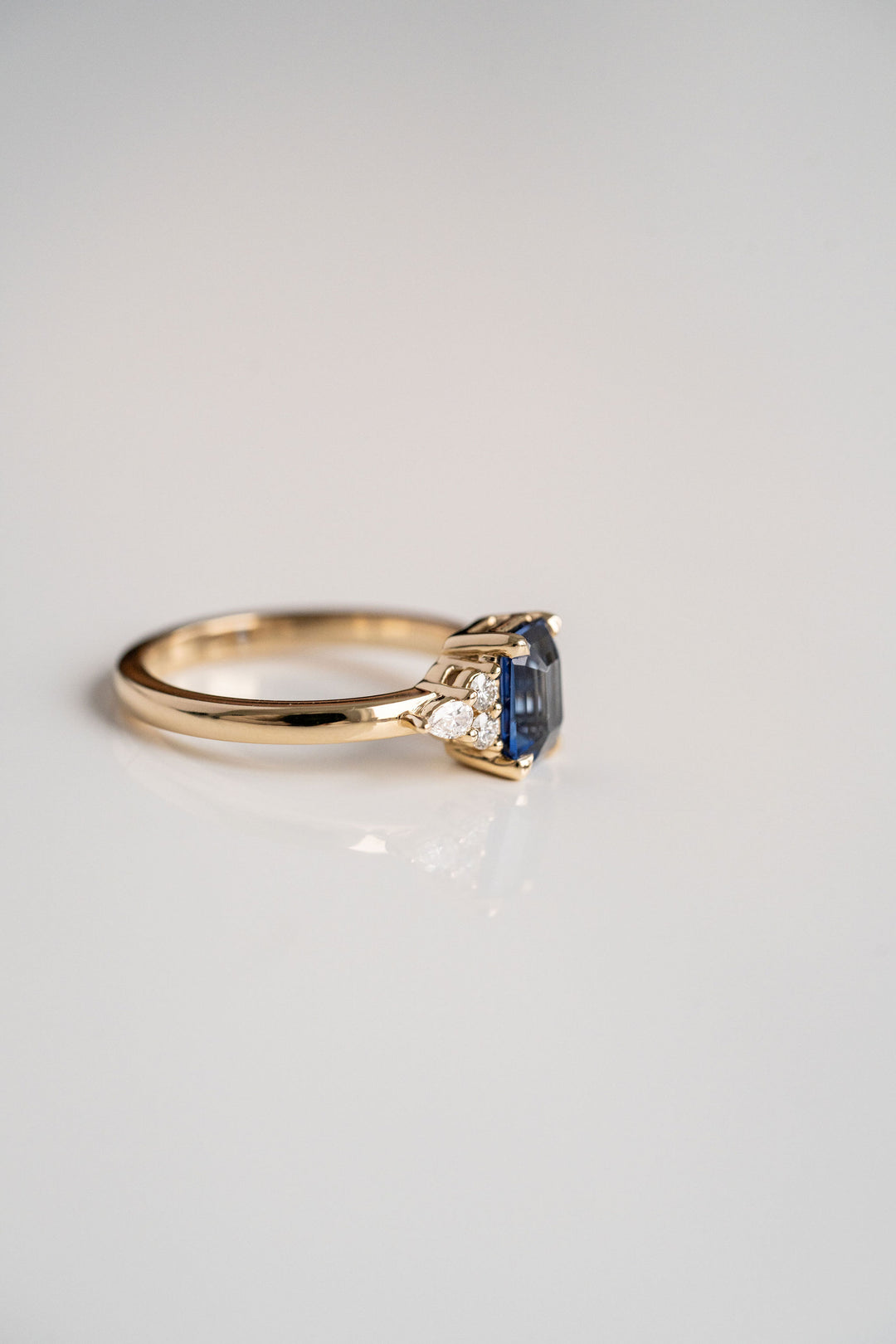 1.60ct. Emerald Cut Blue Sri Lankan Sapphire Engagement Ring With Diamond Cluster Accents, 14k Yellow Gold