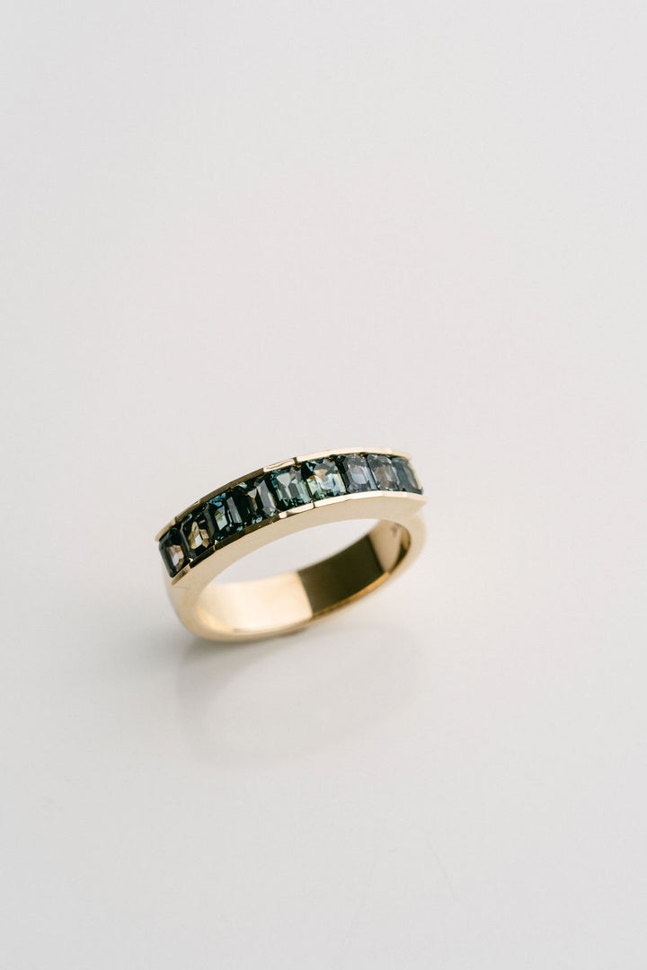 Emerald Cut Blue-Green Sapphire Channel Set Mens Band