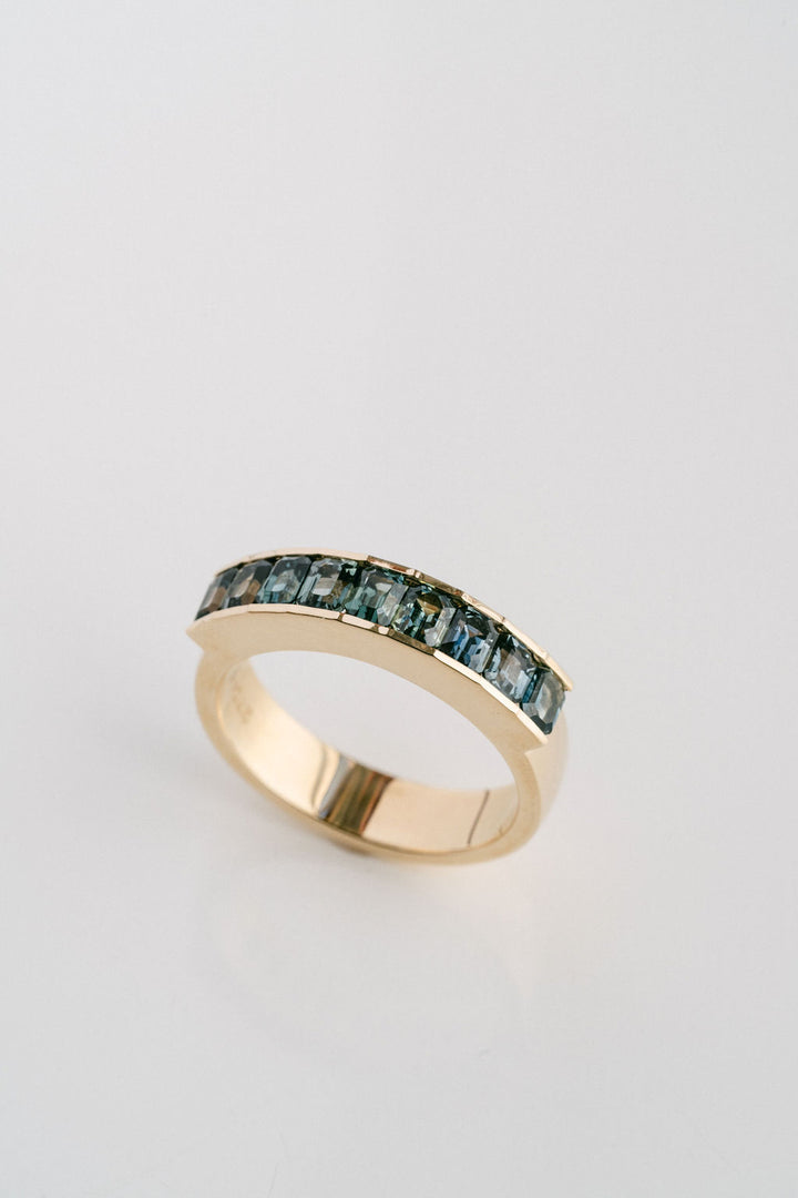 Emerald Cut Blue-Green Sapphire Channel Set Mens Band