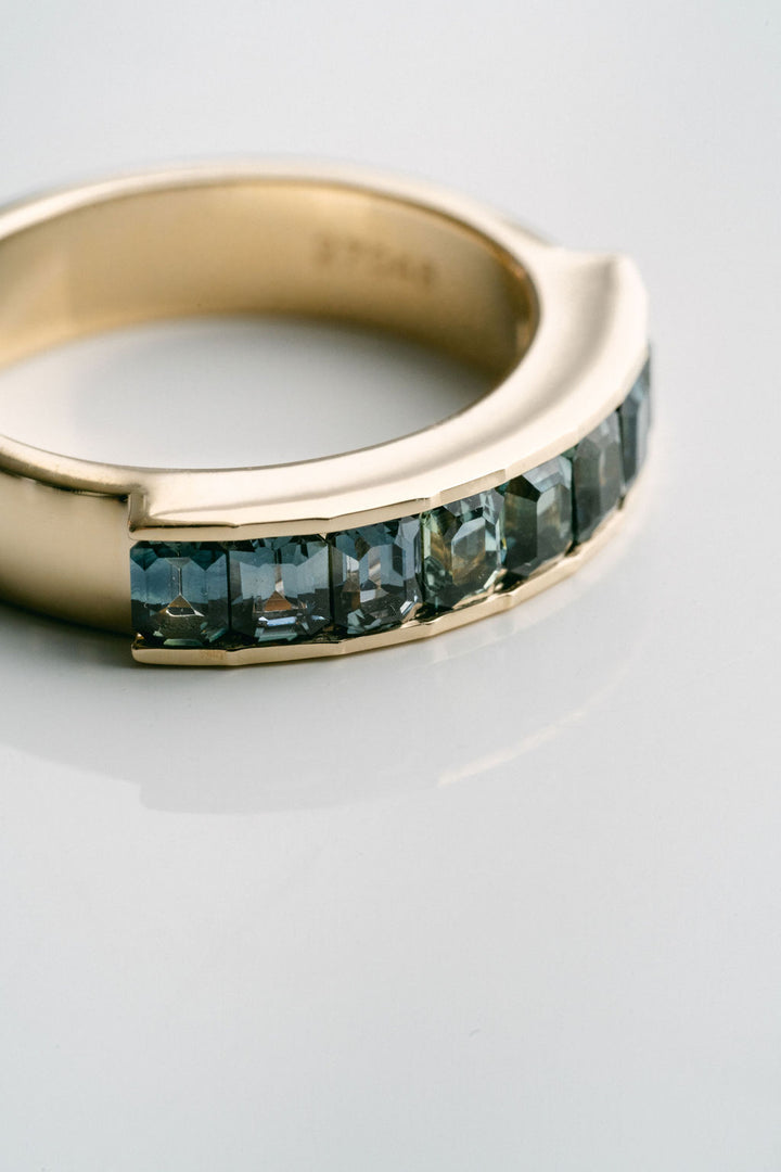 Emerald Cut Blue-Green Sapphire Channel Set Mens Band