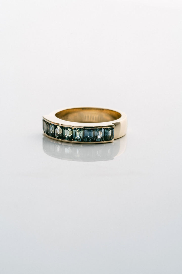 Emerald Cut Blue-Green Sapphire Channel Set Mens Band