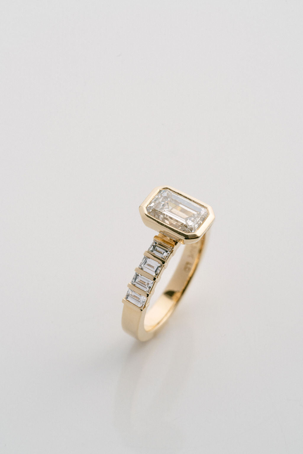 Emerald Cut Diamond Ring With Bar Set Baguette Diamond Band 14k Yellow Gold- 3mm