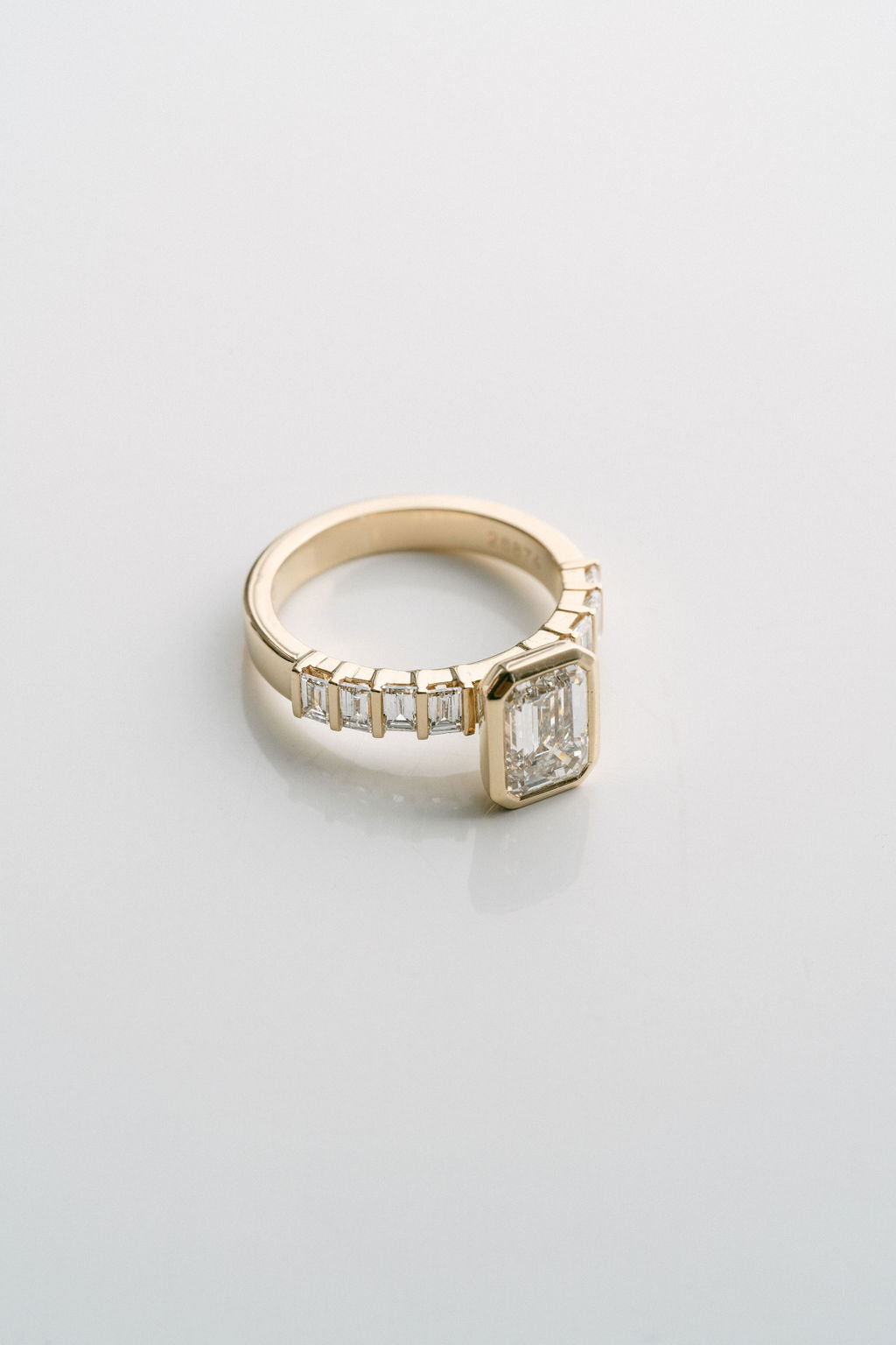 Emerald Cut Diamond Ring With Bar Set Baguette Diamond Band 14k Yellow Gold- 3mm