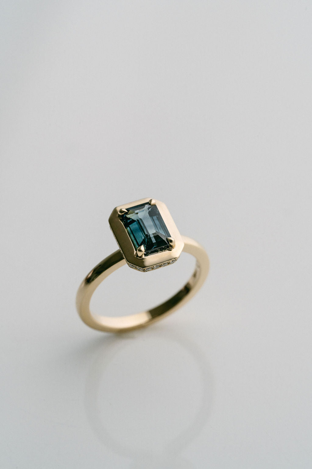 Emerald Cut Blue-Green Sapphire With Solid Gold Halo and Diamond Collar, 14k Yellow Gold